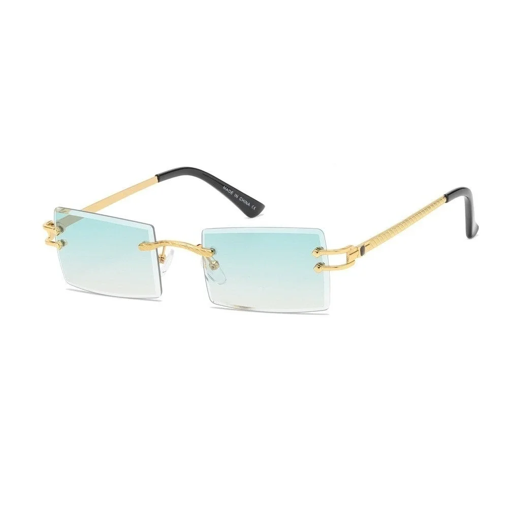 Rimless Sunglasses Green Lens Gold Accents Rectangle Fashion Shades Lentes Gafas
